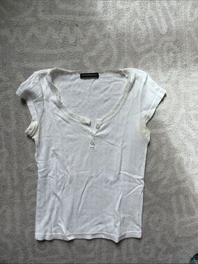 Brandy Melville White Lace-Trim Ribbed Henley Tee